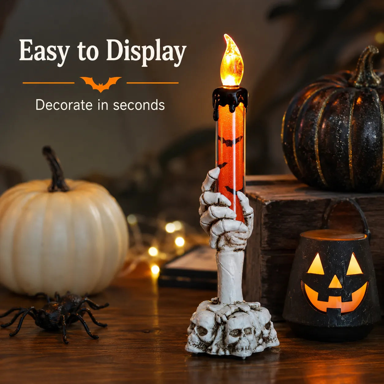 💀 Halloween Skeleton Hand LED Candle Decor, Resin Ghost Hand Electronic Flameless Candle Ornament