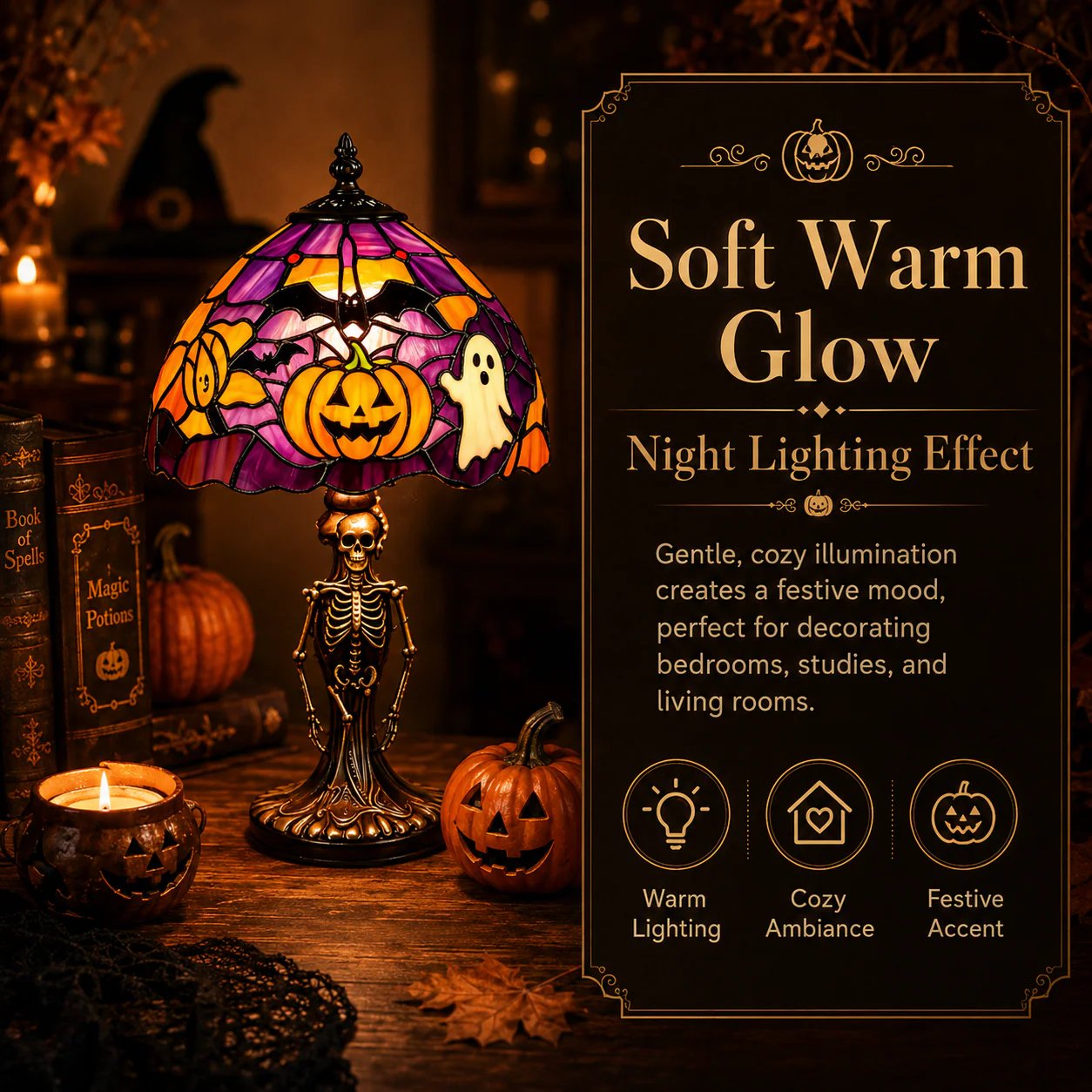 ✨Tiffany Lamp🎃👻Retro Halloween Painted Glass Table Lamp