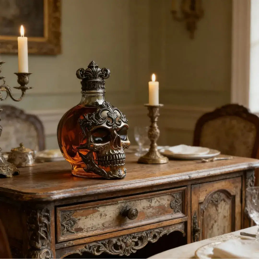 💀 Vintage Gothic Skull Whiskey Decanter 🎁| Ornate Baroque Liquor Bottle
