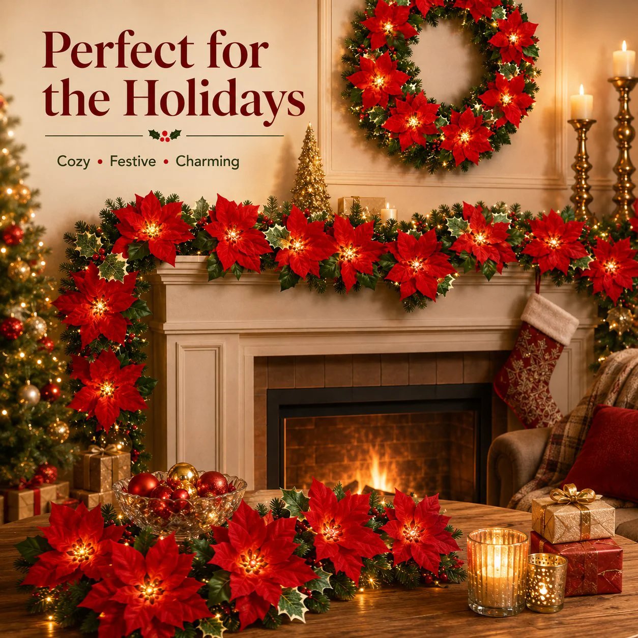 🎉🎁 49% OFF Christmas Gift Decor – Poinsettia LED Garland String Lights