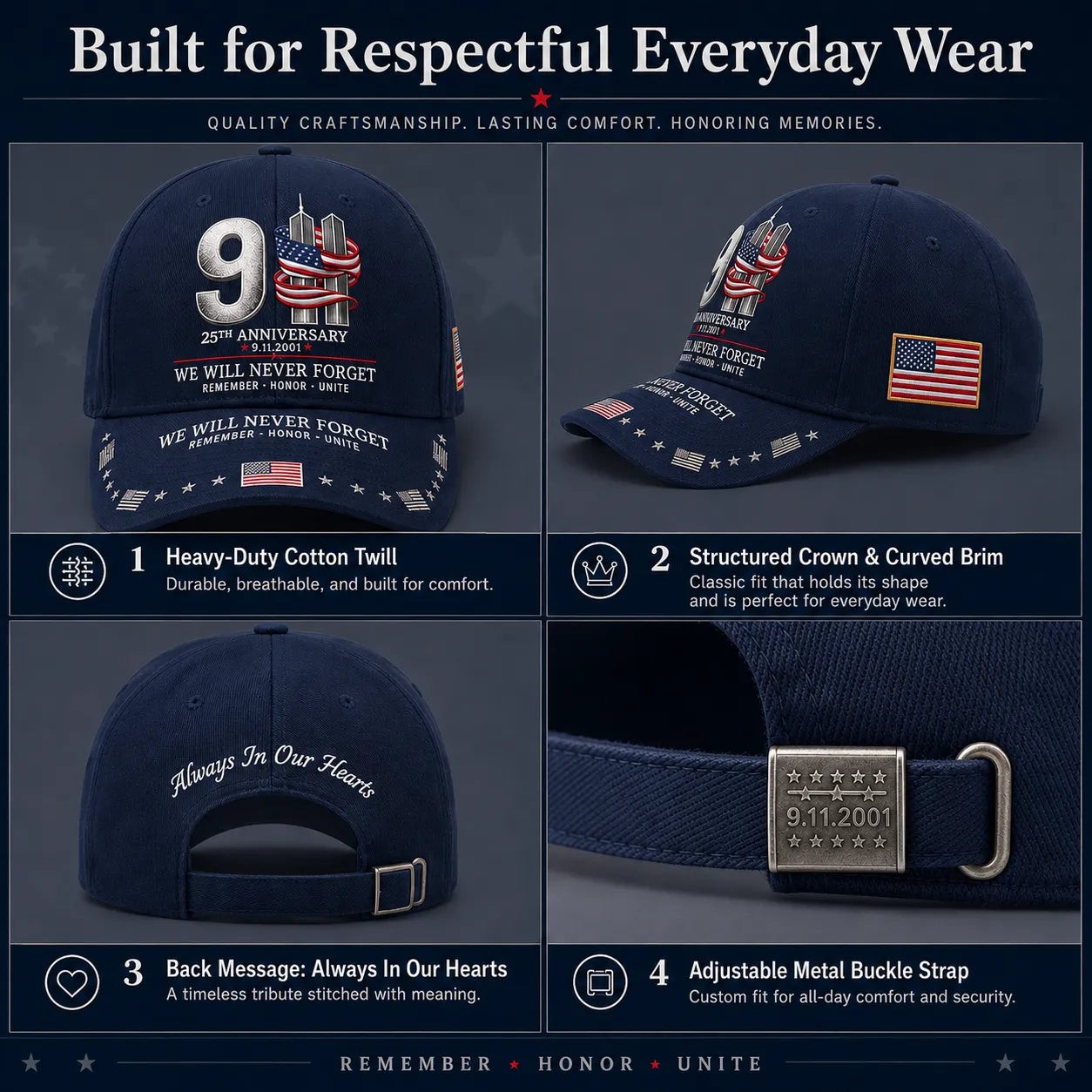 9/11 25th Anniversary We Will Never Forget Embroidered Memorial Baseball Cap – Unisex Patriotic Memorial Hat🧢 100% Cotton