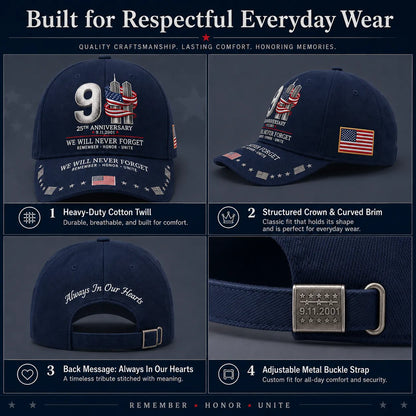 9/11 25th Anniversary We Will Never Forget Embroidered Memorial Baseball Cap – Unisex Patriotic Memorial Hat🧢 100% Cotton