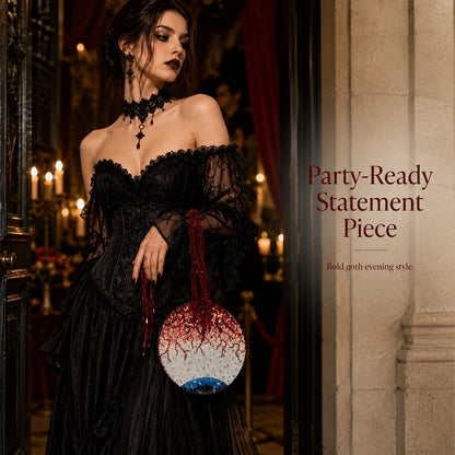 Hand-beaded round handbag featuring a bloodshot eyeball design.