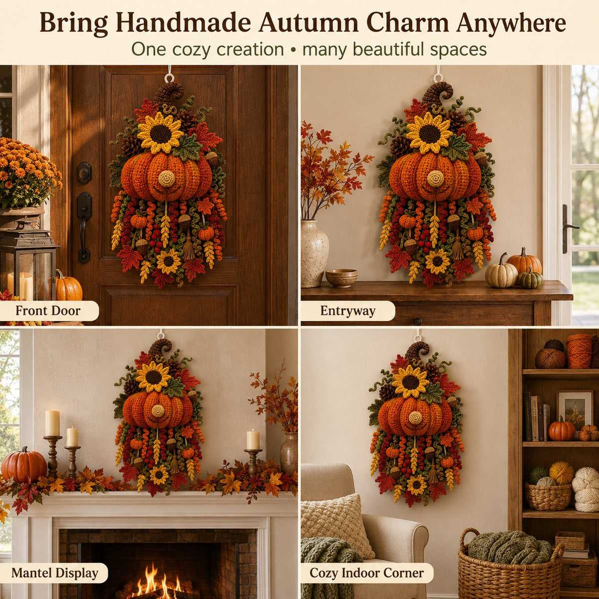 Seasonal crochet door hanger displayed on front door, entryway, mantel and indoor wall