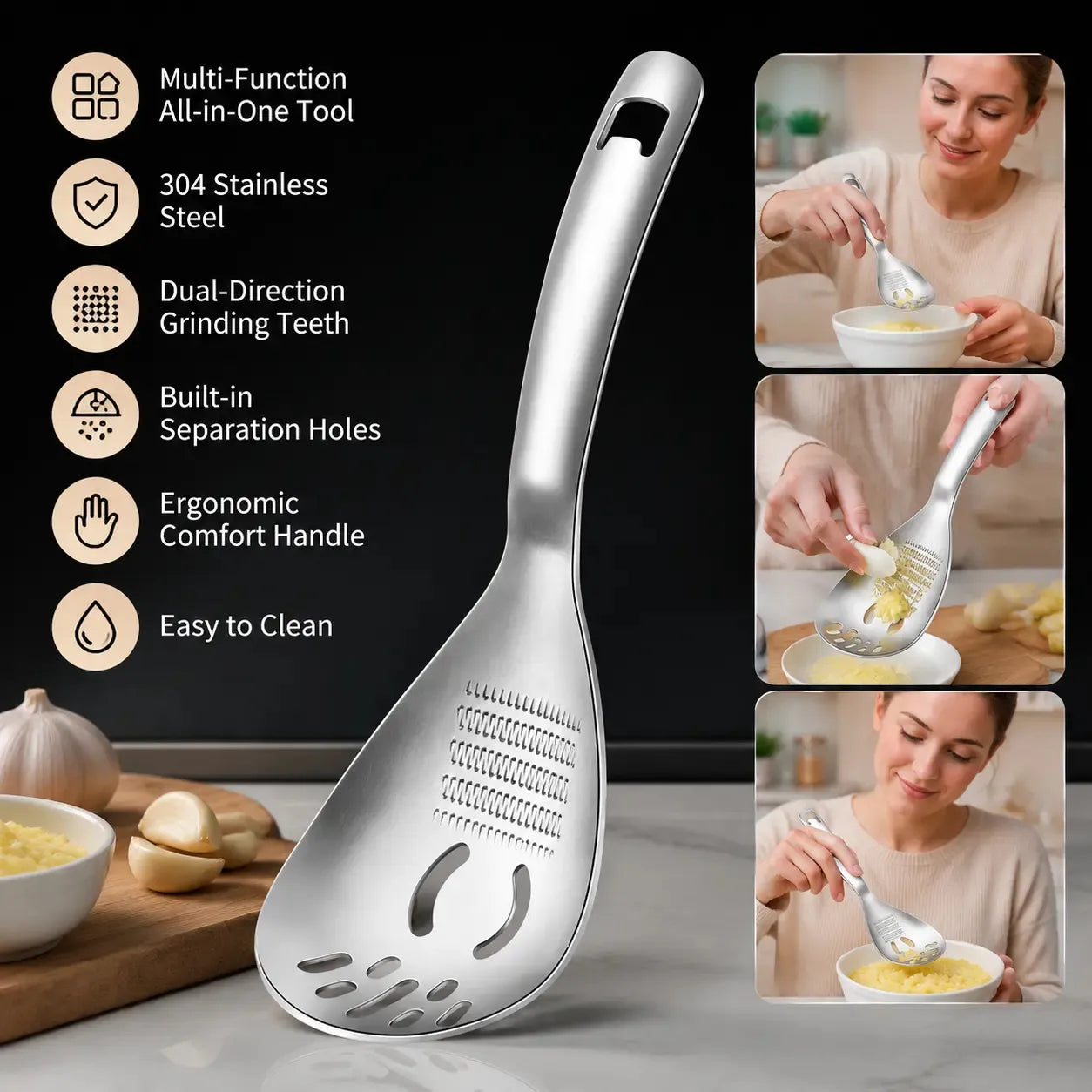 🍳🧄 4-in-1 Stainless Steel Kitchen Prep Spoon – Separate, Grate, Mash & Mix