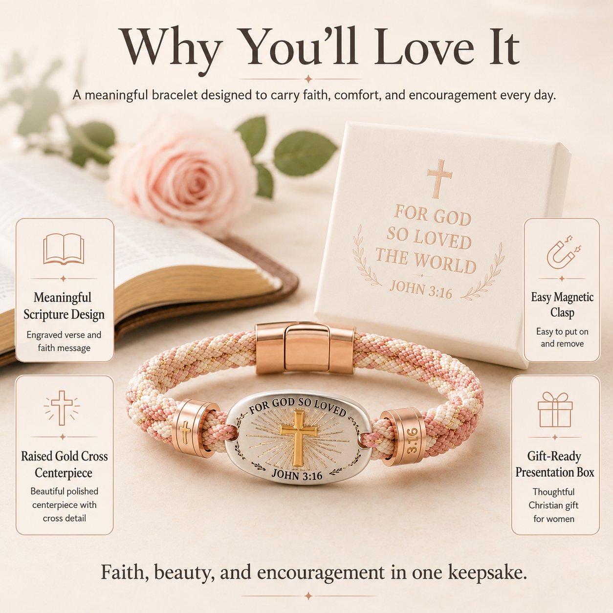 ✝️ Christian Scripture Faith Bracelet Collection | 6 Meaningful Bible Verse Designs with Raised Gold Cross, Magnetic Clasp & Matching Gift Box 💗✨