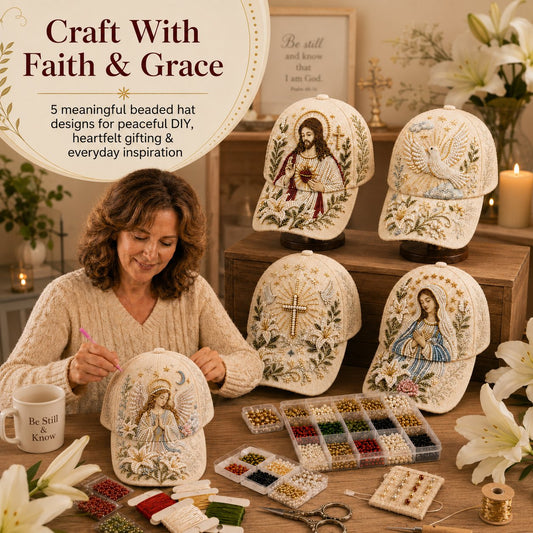 Premium Christian Faith Beaded Hat DIY Kit | Luxury Flocked Canvas with Scratch-Resistant Non-Fading Pearl Beads DIY Handmade Devotional Cap Decor