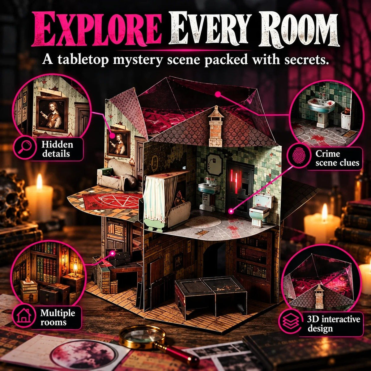 Dark Mansion Pop-Up Detective Puzzle Box, Immersive Mystery Adventure for Weekend Game Parties