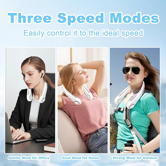Portable Neck Fan - Hands-Free Bladeless Personal Wearable Fan, 3-Speed USB Rechargeable Cooling Fan for Travel, Office & Outdoor