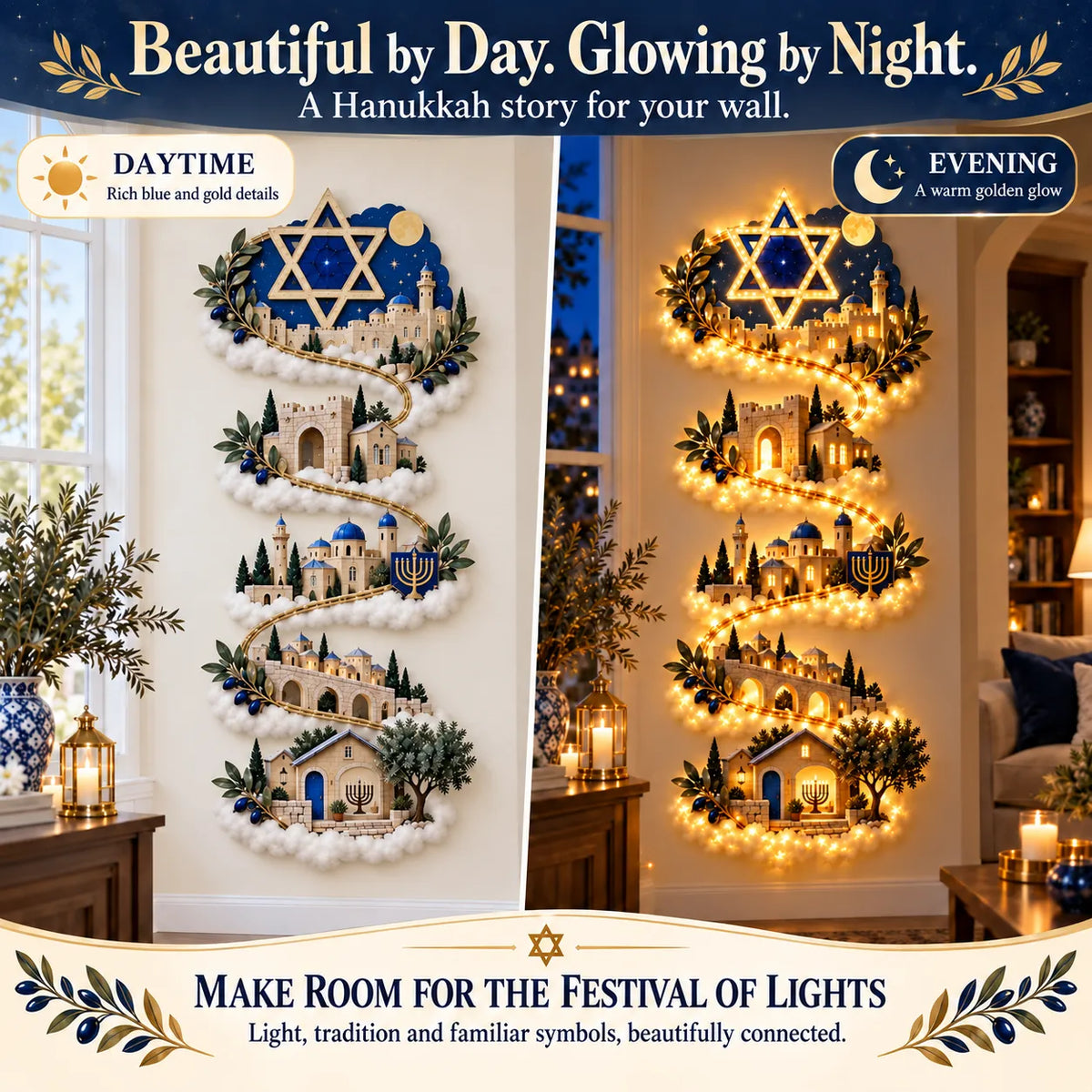 🕎✨ Eight Nights of Golden Light – Glowing Hanukkah Story Wall Collection