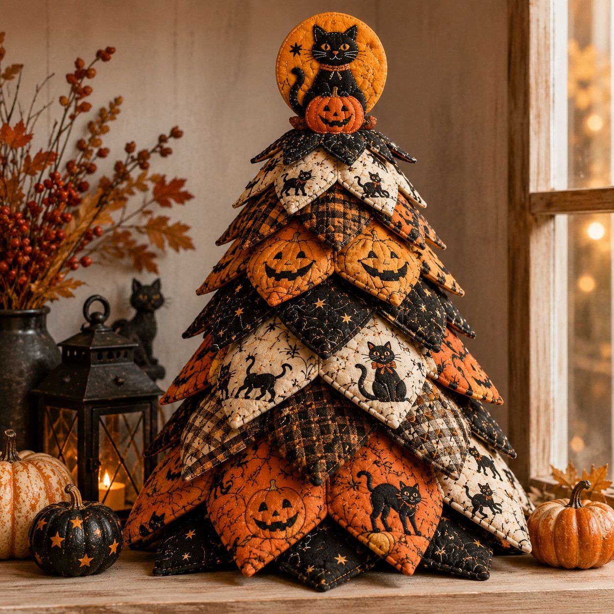 🎃✨ Lighted Halloween Quilted Fabric Tree – Cozy Handmade Glow Decoration