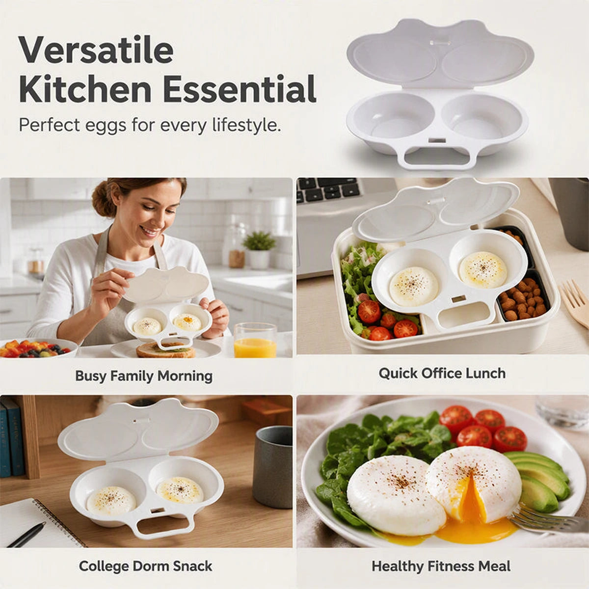 Egg poacher used for family mornings, office lunch, dorm snacks and healthy meals