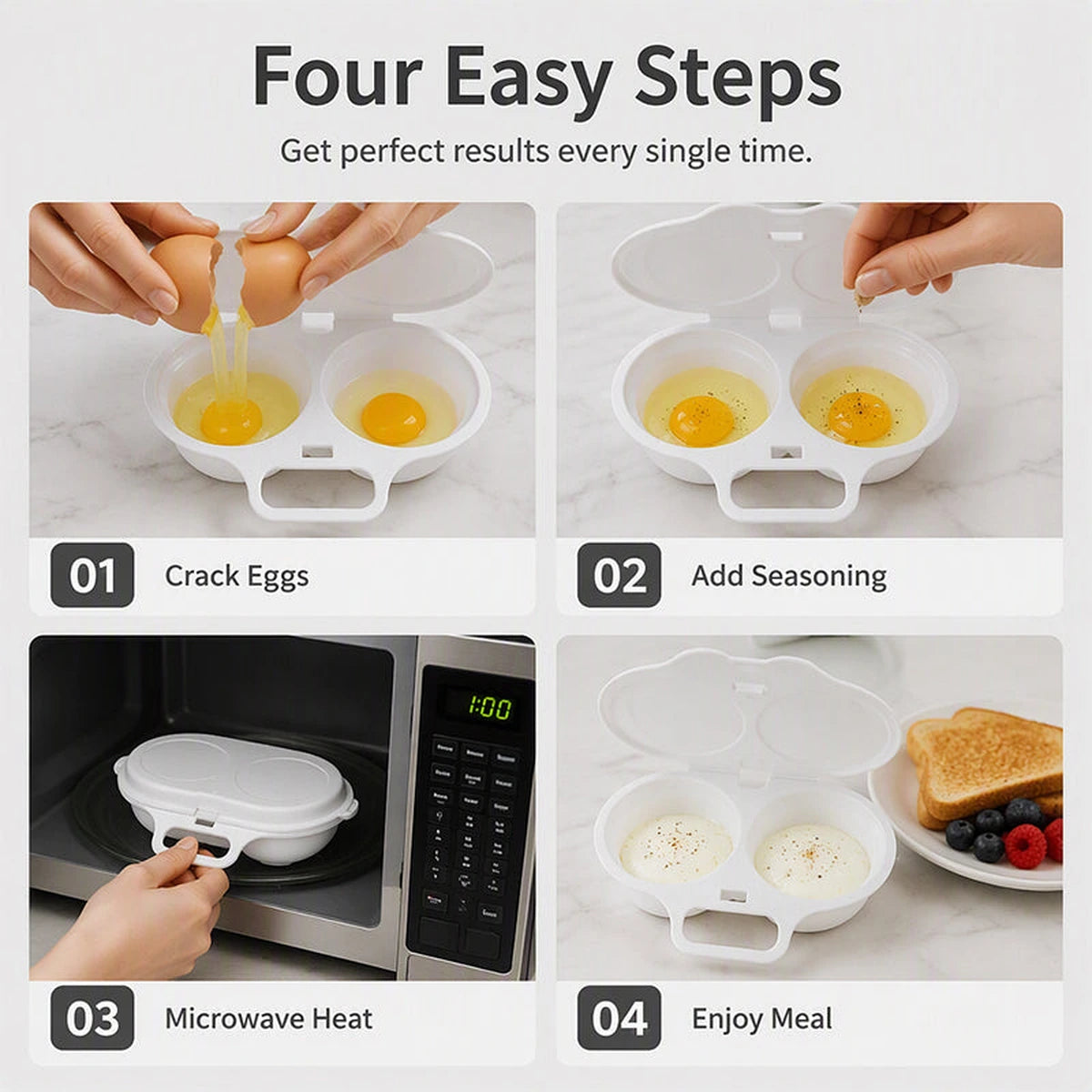 Four easy steps for using the microwave egg poacher