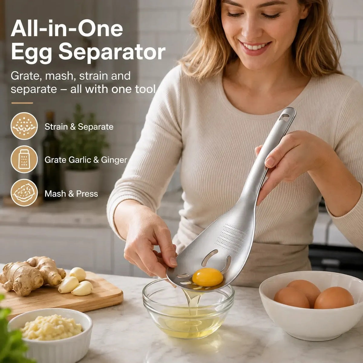 All-in-one egg separator, grater, masher and strainer spoon