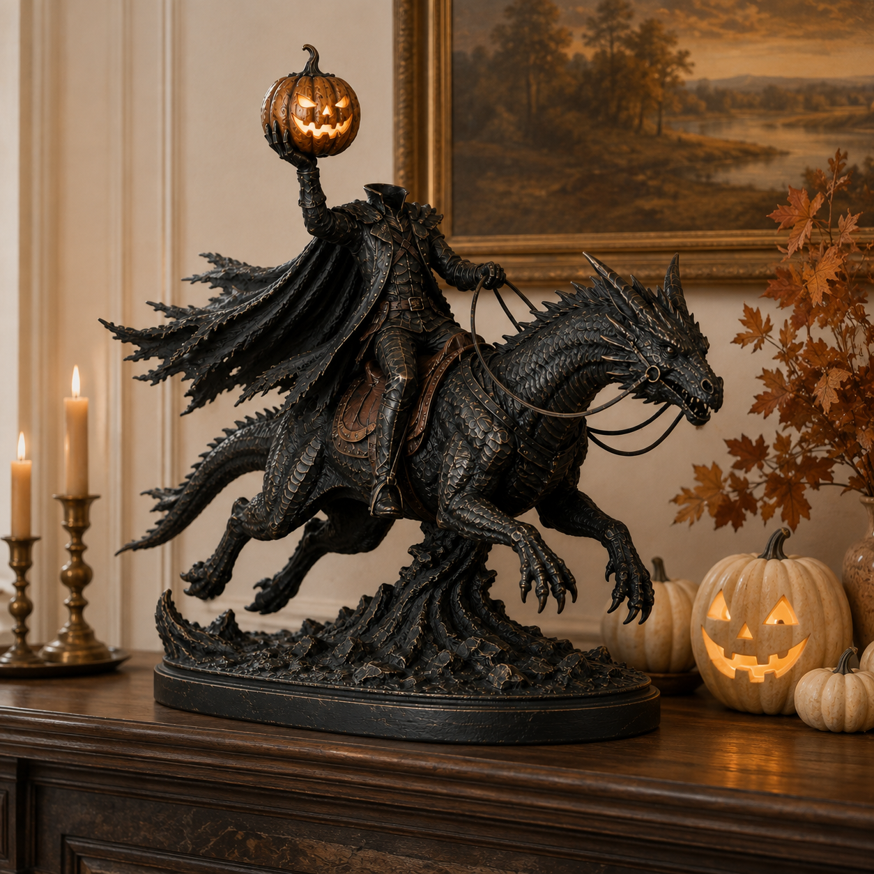 🎃 Headless Horseman on Dragon Statue – Gothic Halloween Figurine & Dark Fantasy Home Decor