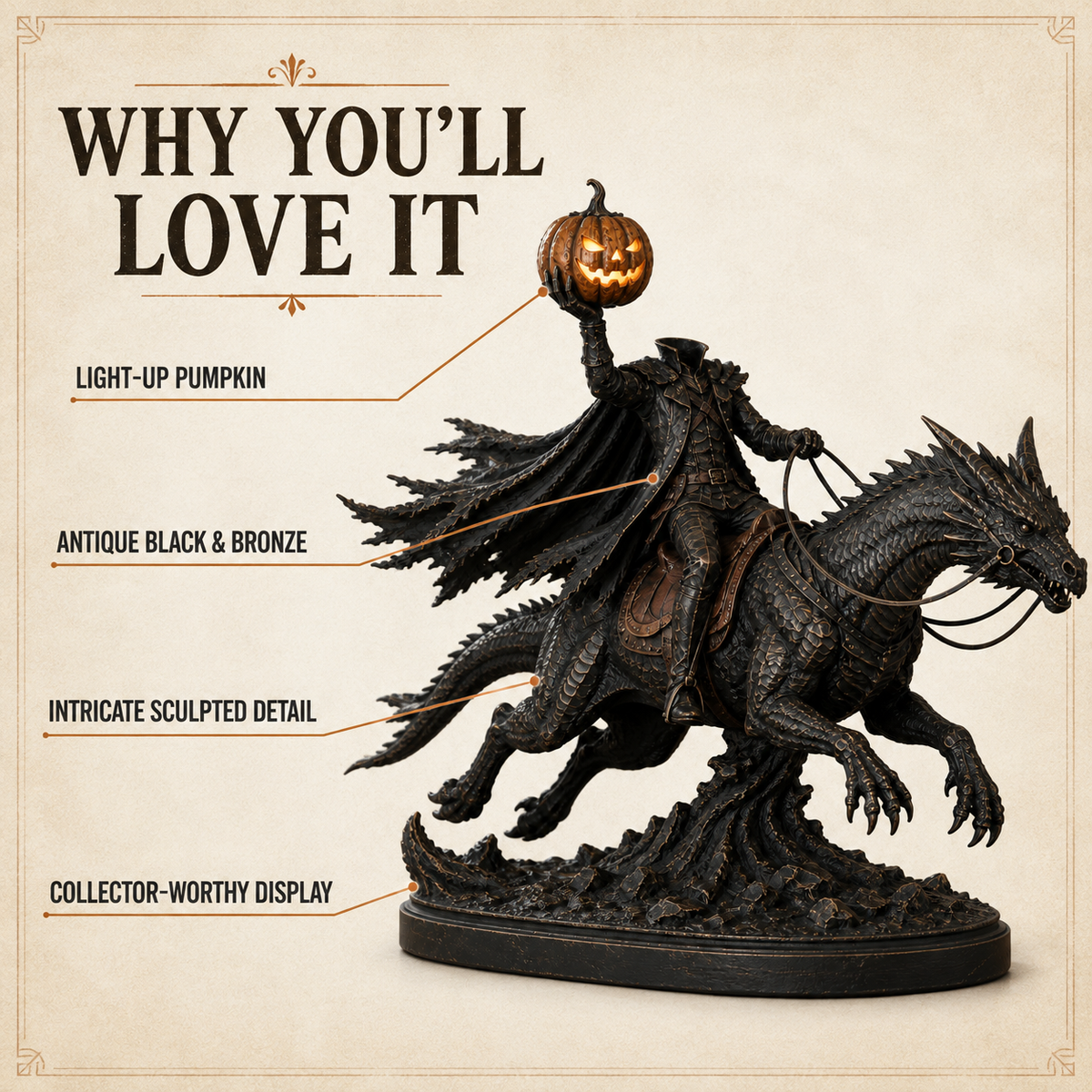 🎃 Headless Horseman on Dragon Statue – Gothic Halloween Figurine & Dark Fantasy Home Decor