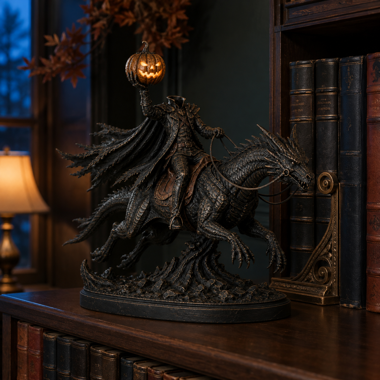 🎃 Headless Horseman on Dragon Statue – Gothic Halloween Figurine & Dark Fantasy Home Decor