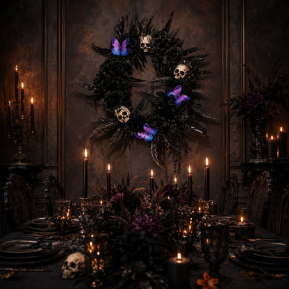 Gothic Wreath with Black Roses & Butterflies, Elegant Decor for Halloween Entryway