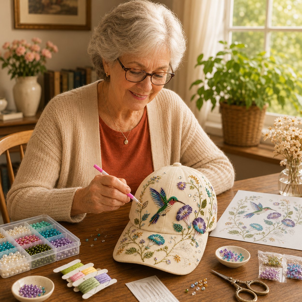 Premium Hummingbird Garden Beaded Hat DIY Kit | DIY Handmade Floral Cap Decor