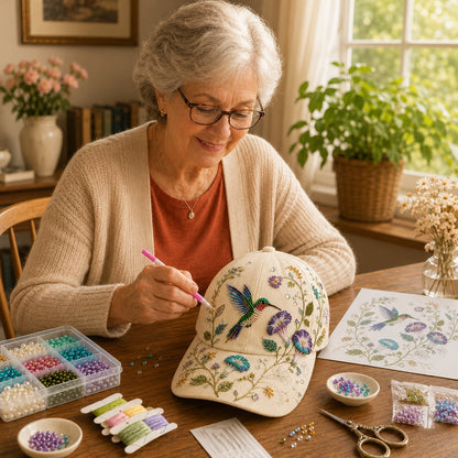 Premium Hummingbird Garden Beaded Hat DIY Kit | DIY Handmade Floral Cap Decor