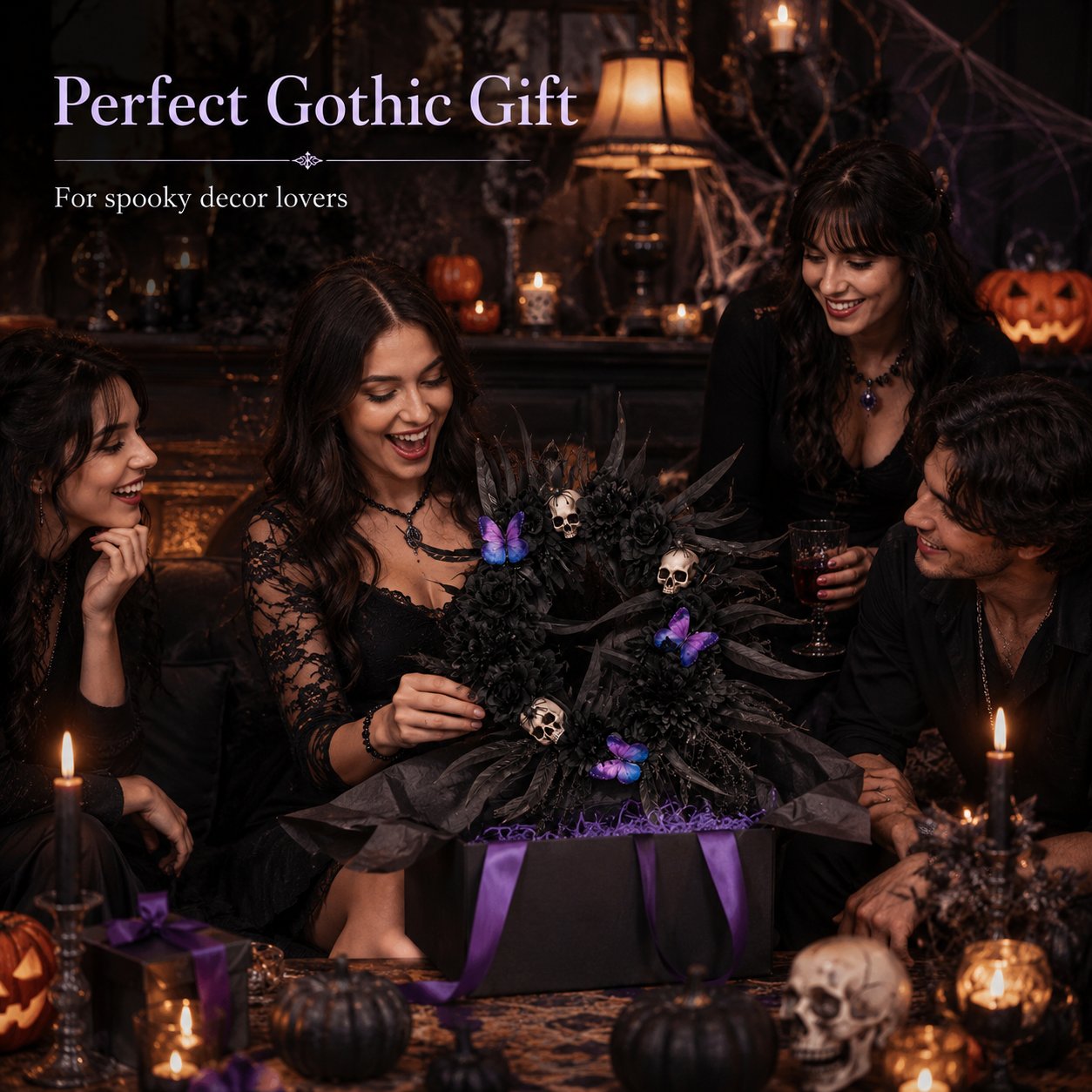 Gothic Wreath with Black Roses & Butterflies, Elegant Decor for Halloween Entryway