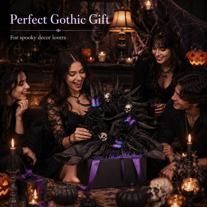 Gothic Wreath with Black Roses & Butterflies, Elegant Decor for Halloween Entryway