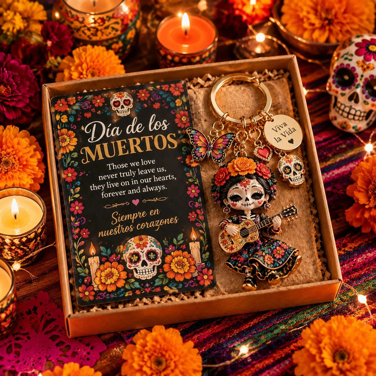 Día de Muertos Charm Keychain | 4 Colorful Floral & Skull-Inspired Styles