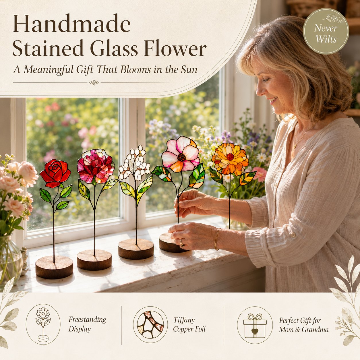 🚚Buy 2 Get Free Shipping - Handmade Stained Glass Flower Freestanding Window Decor
