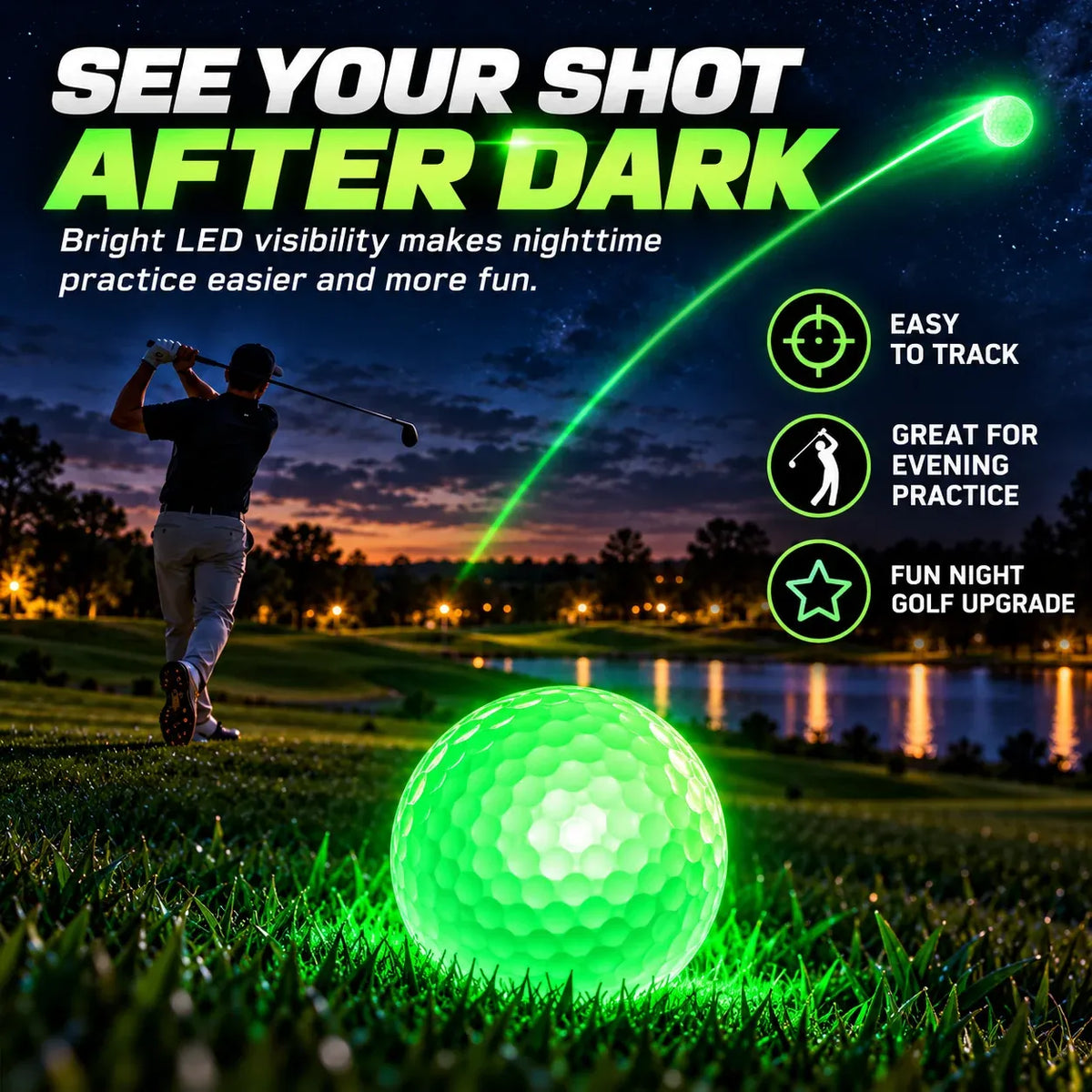 ⛳✨ GlowStrike™ Impact-Activated LED Golf Ball – 6 Brilliant Colors for After-Dark Golf Fun