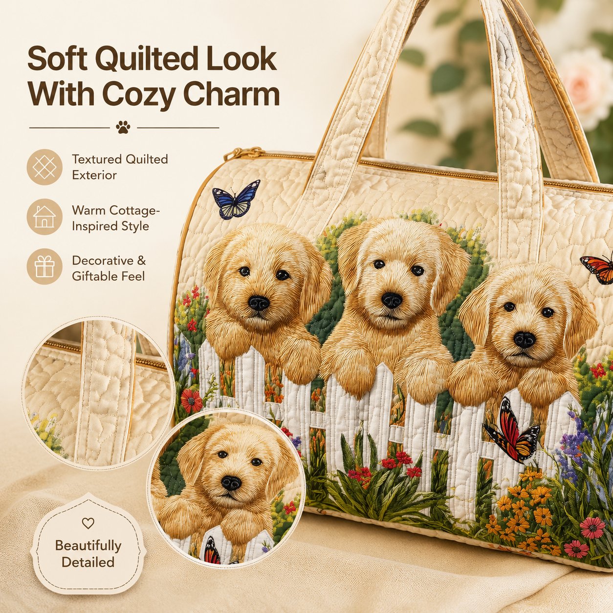 Golden Puppy Garden Quilted Travel Tote Bag