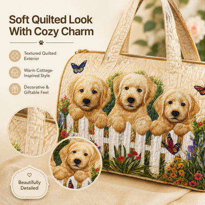 Golden Puppy Garden Quilted Travel Tote Bag