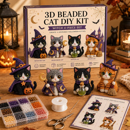 🐈‍⬛🎃 Premium 3D Beaded Halloween Cat DIY Kit | Luxury Flocked Canvas with Scratch-Resistant Non-Fading Pearl Beads DIY Spooky Decor & Step-by-Step Guide ✨