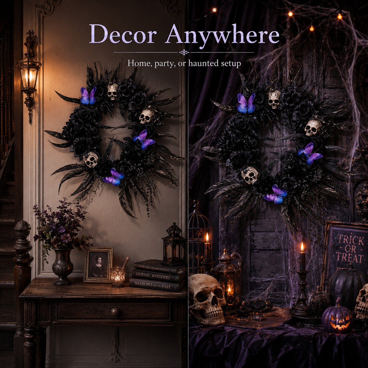 Gothic Wreath with Black Roses & Butterflies, Elegant Decor for Halloween Entryway