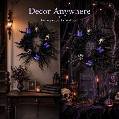Gothic Wreath with Black Roses & Butterflies, Elegant Decor for Halloween Entryway