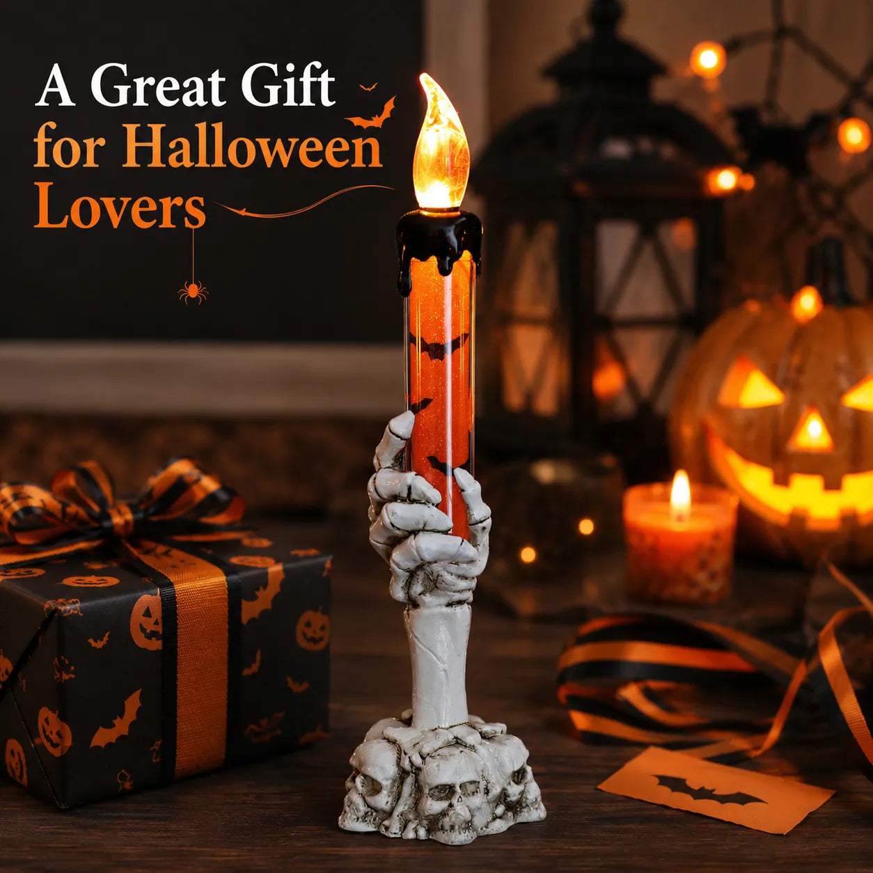 💀 Halloween Skeleton Hand LED Candle Decor, Resin Ghost Hand Electronic Flameless Candle Ornament