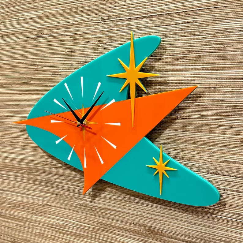 🕰️✨ Mid Century Modern Atomic Time Retro Boomerang Wall Clock