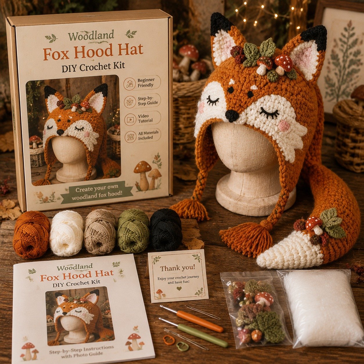Fantasy Hood Hat DIY Crochet Kit – Create Your Own Magical Wearable Character Hat🎁Beginner Friendly