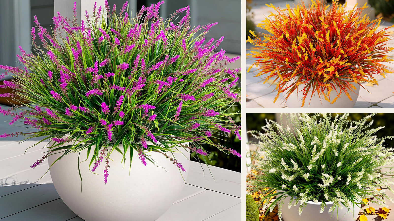 Faux monkey grass in magenta, orange and white outdoor planters