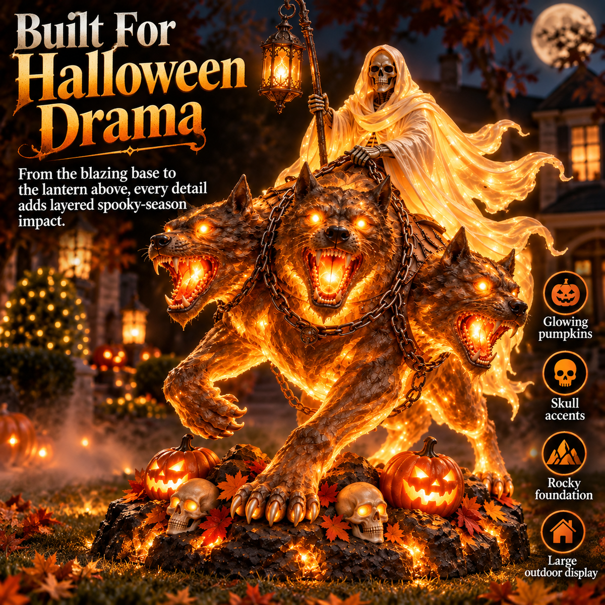 💀🔥 Cerberus Grim Reaper Lighted Statue | Three-Headed Hellhound Halloween Guardian with Lantern