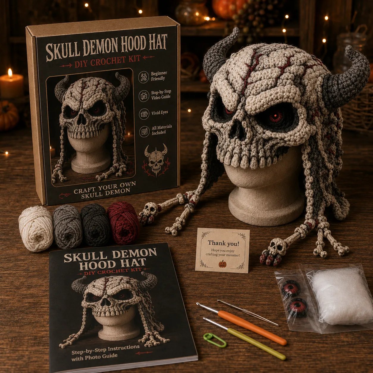 ? LAST DAY 49% OFF – ? Halloween Monster Hood DIY Crochet Kit | Premium Soft Yarn Materials with Step-by-Step Guide DIY Handmade Wearable Character Hood ??✨