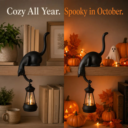 🐱 Curious Black Cat Shelf Ornament with LED Lantern Light
