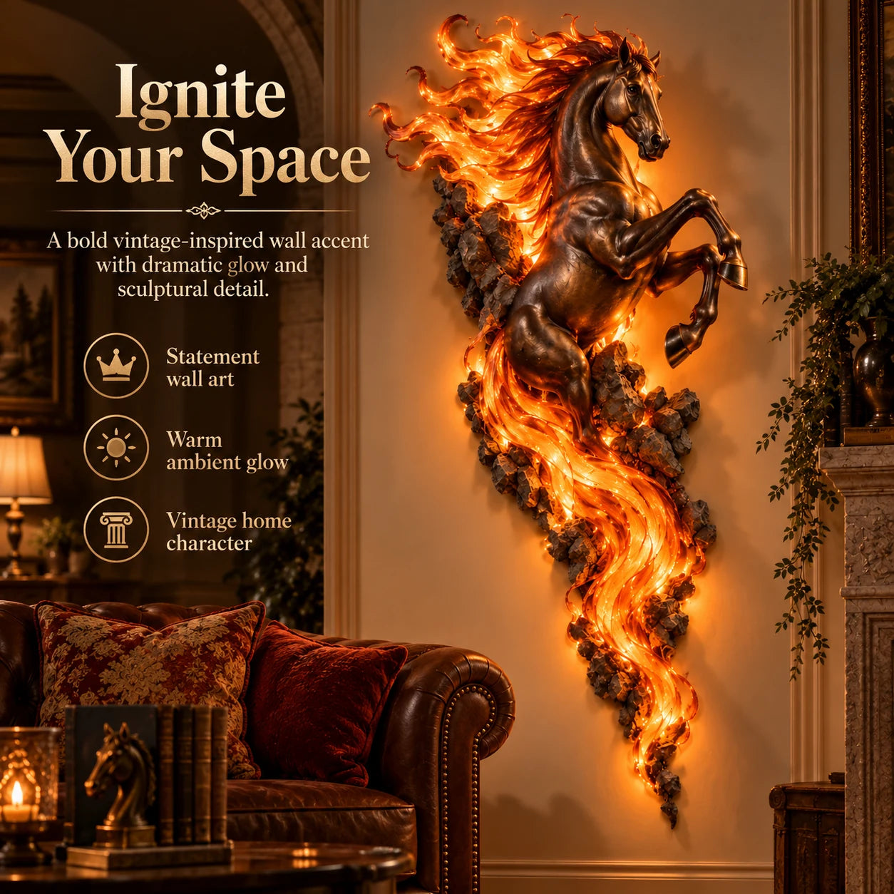 Flaming horse wall decor hero scene