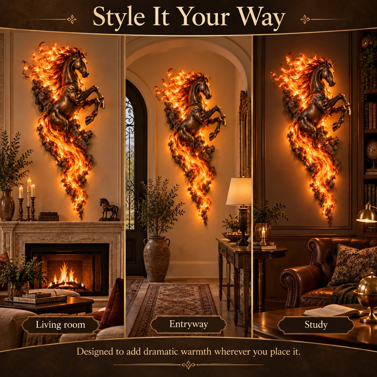 Flaming horse wall decor styled in living room, entryway, and study