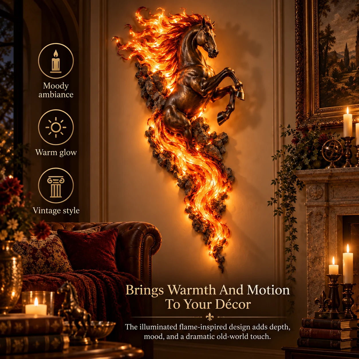 Warm glowing flaming horse wall decor in an elegant room