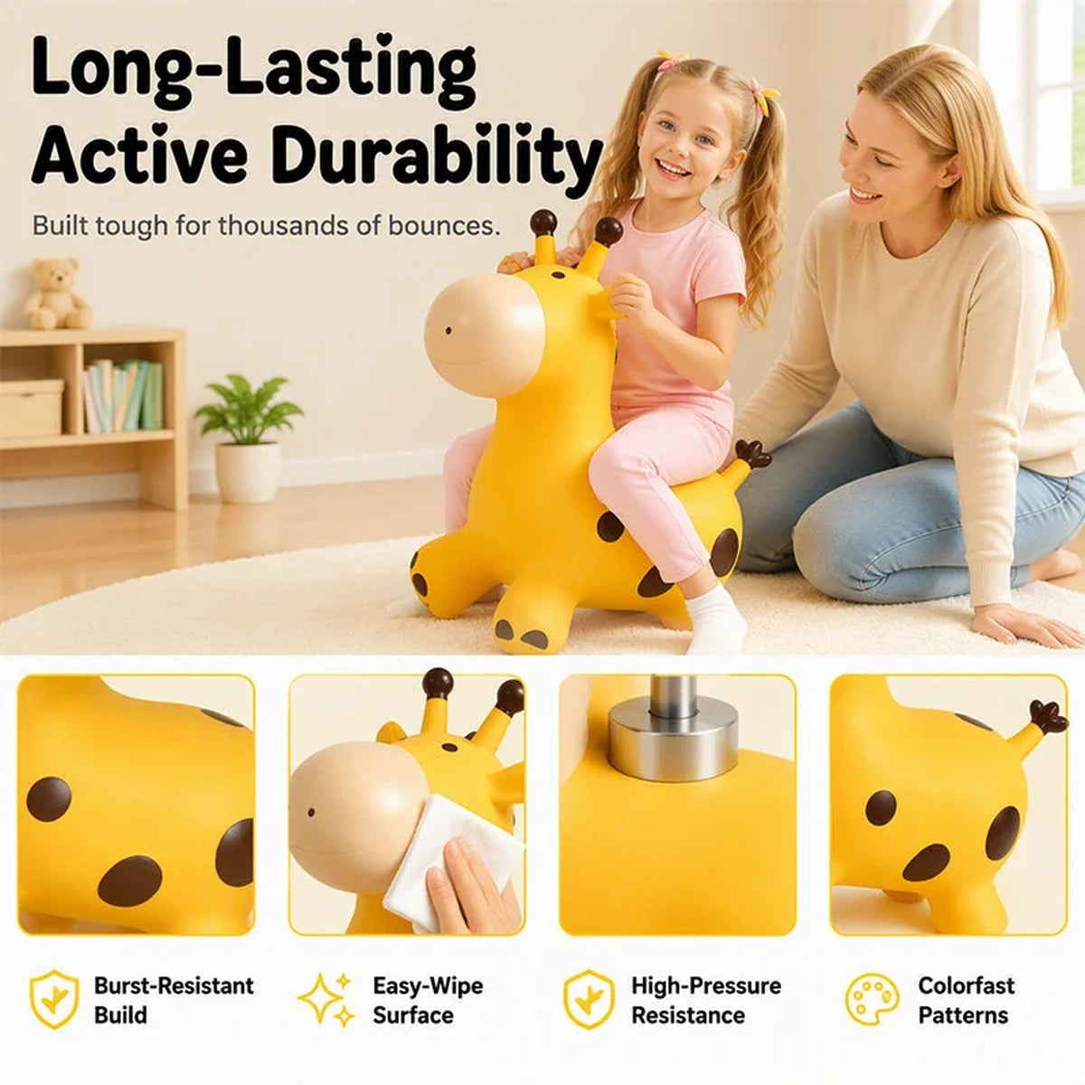 Durability details of giraffe bouncy toy