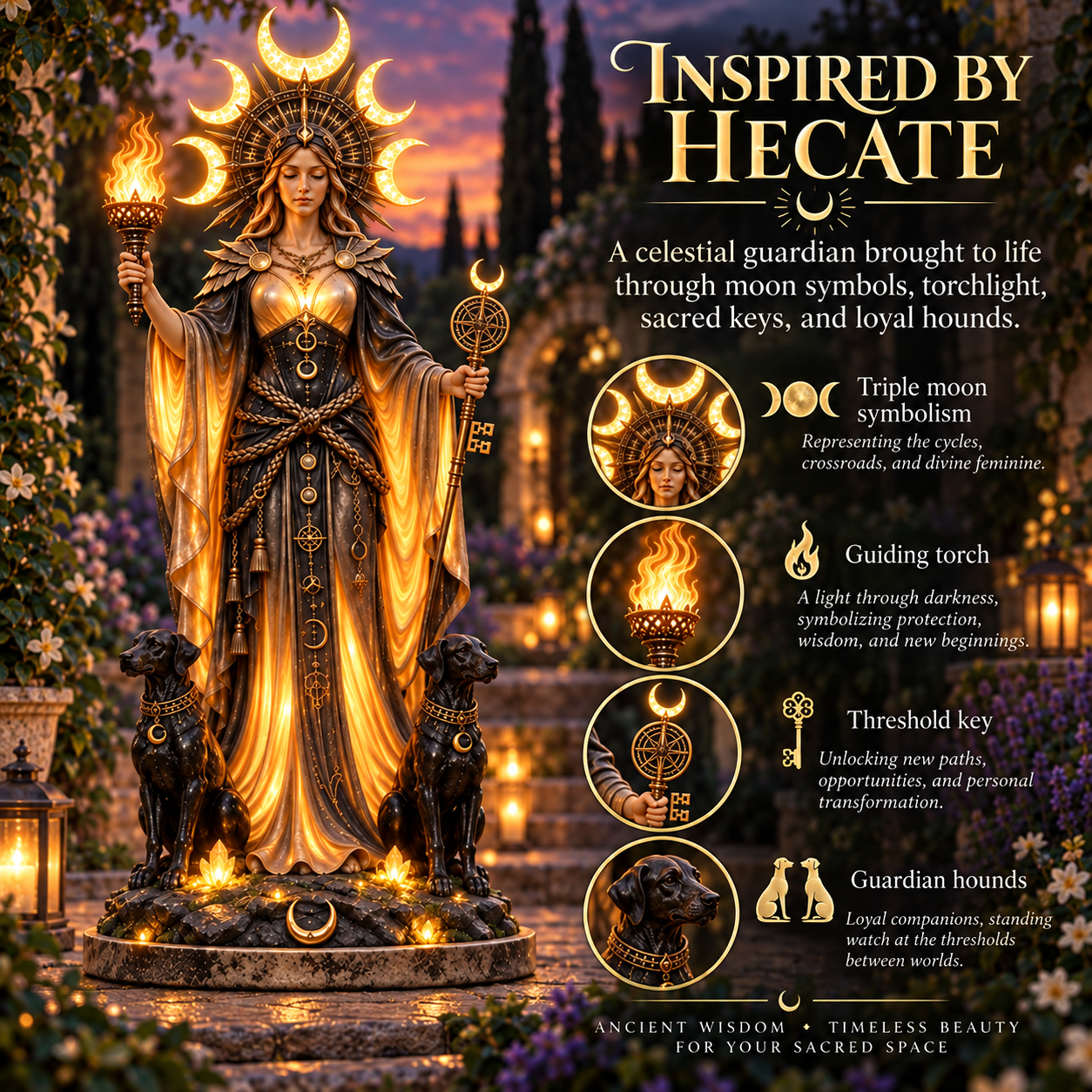 Hecate-inspired symbolism shown on the goddess guardian statue