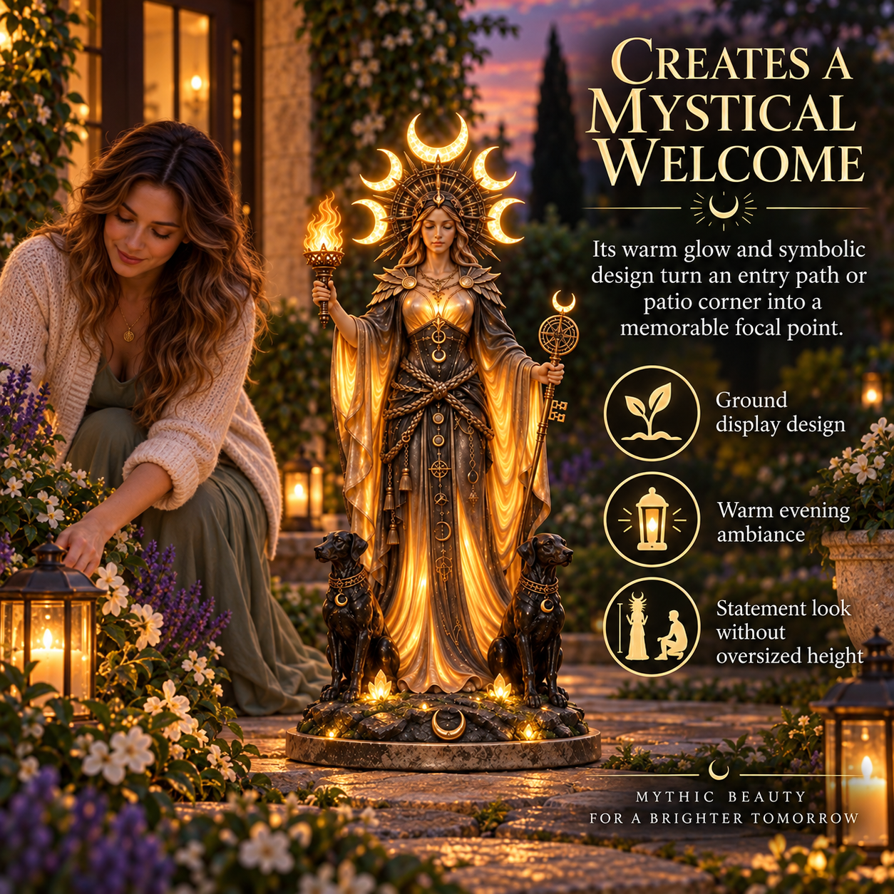 Hecate goddess guardian lighted statue in a garden entry setting