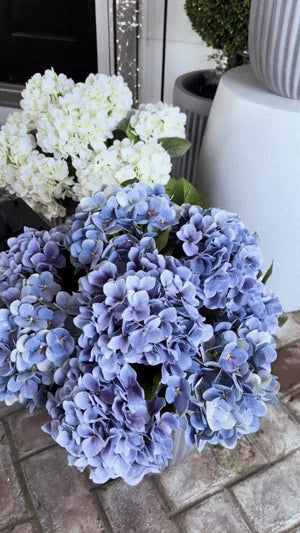 Real-life artificial hydrangea flowers in blue and white