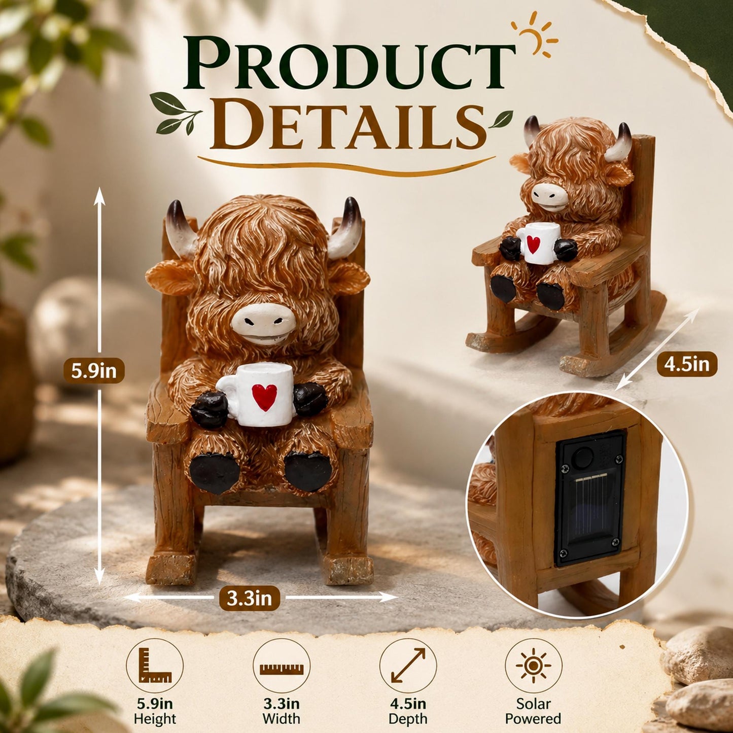 🐮✨ Solar Powered Miniature Highland Cow Decor