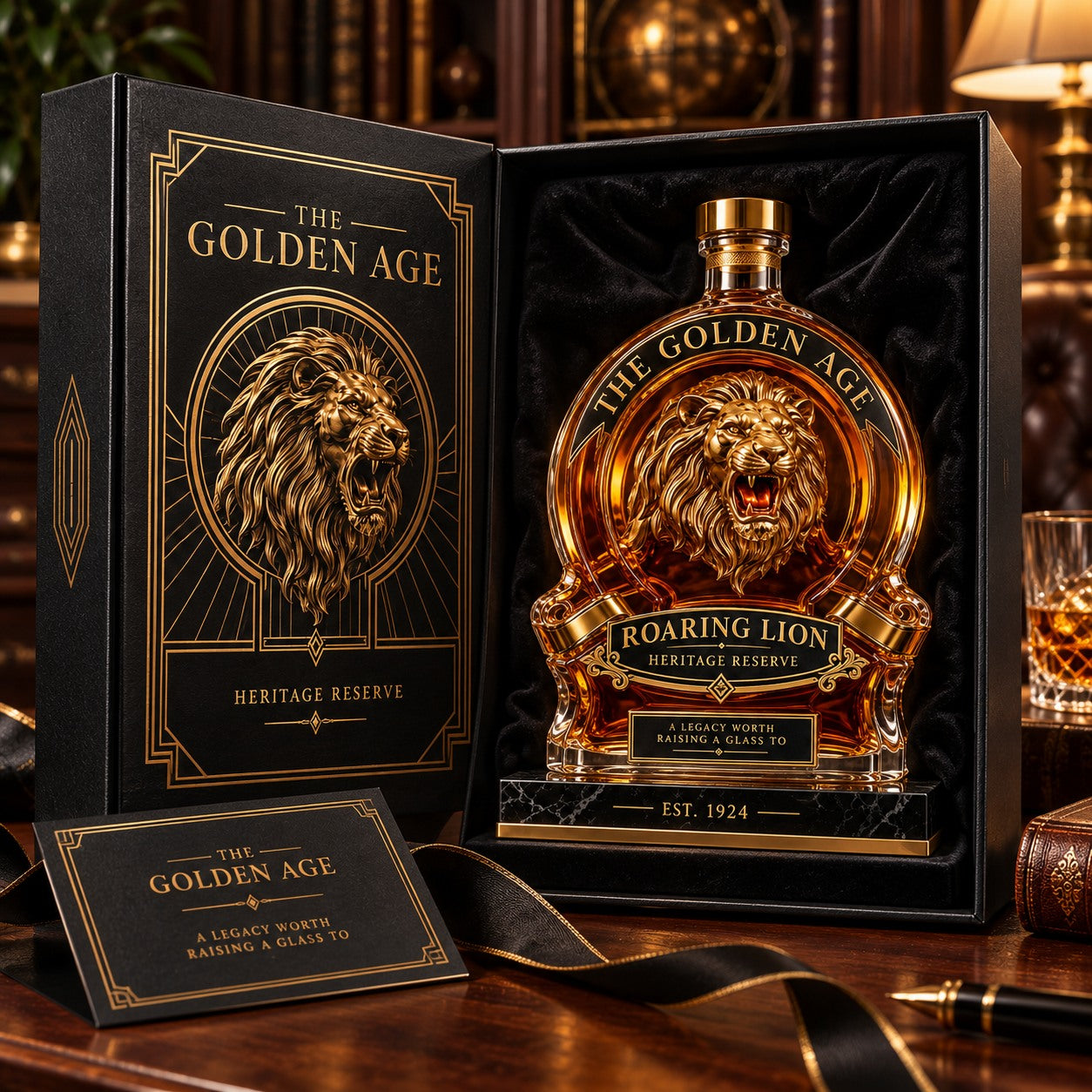 Roaring Lion Heritage Decanter in opened gift box